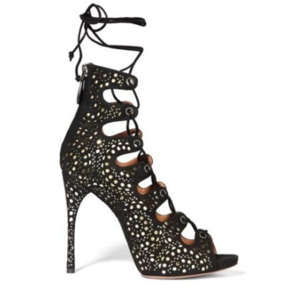 NEW ALAIA PARIS BLACK SUEDE LACE-UP PEEP TOE SANDALS / BOOTIES SZ 40 / 10 - Picture 2 of 9